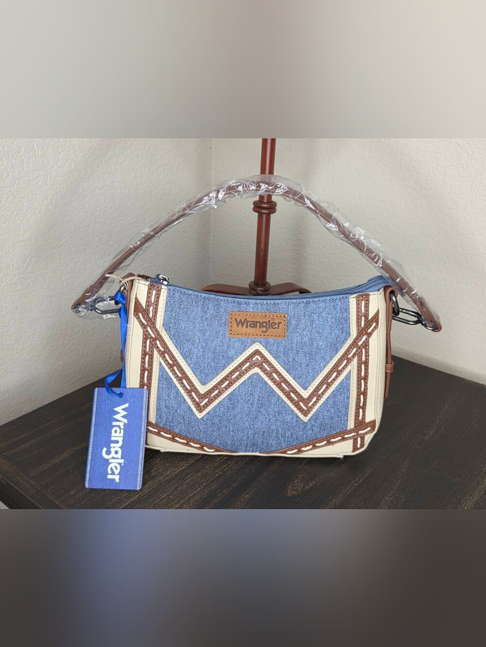 Wrangler Denim Shoulder Bag with Cream and Brown Trim